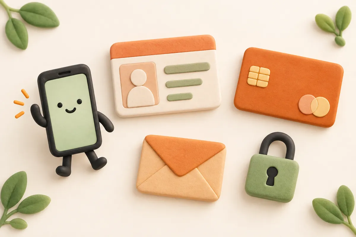 Minh hoạ giấy tờ cần chuẩn bị khi tạo tài khoản Google Play Console: căn cước, thẻ thanh toán và điện thoại Android