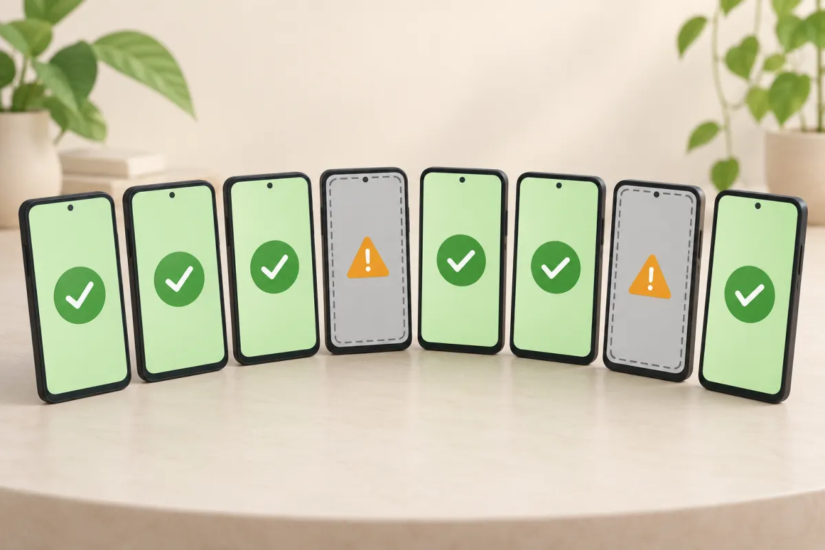 Hàng điện thoại Android, hai máy bị làm mờ vì tester không được Google Play tính