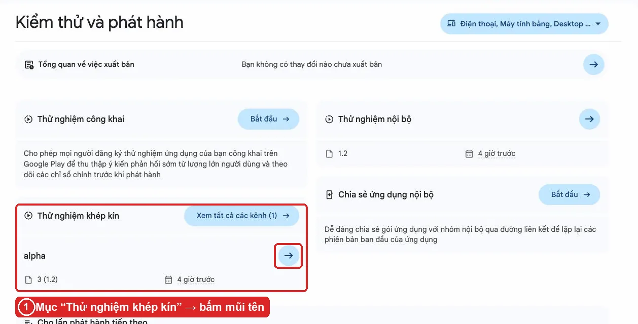 Trang Kiểm thử và phát hành trong Play Console với ba kênh thử nghiệm công khai, nội bộ và khép kín