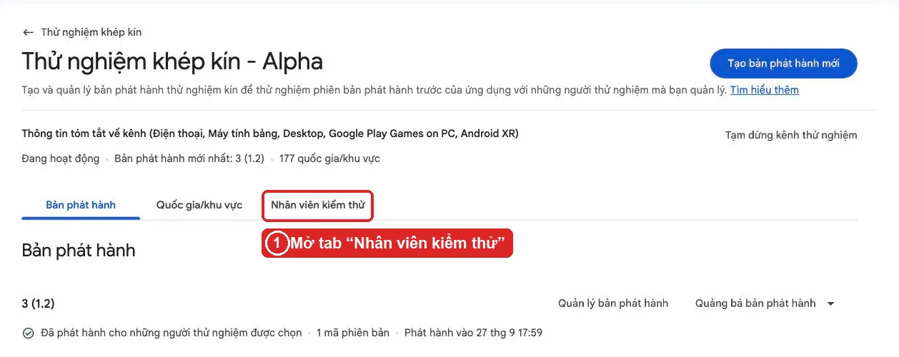 Track thử nghiệm khép kín Alpha trong Play Console với tab Nhân viên kiểm thử