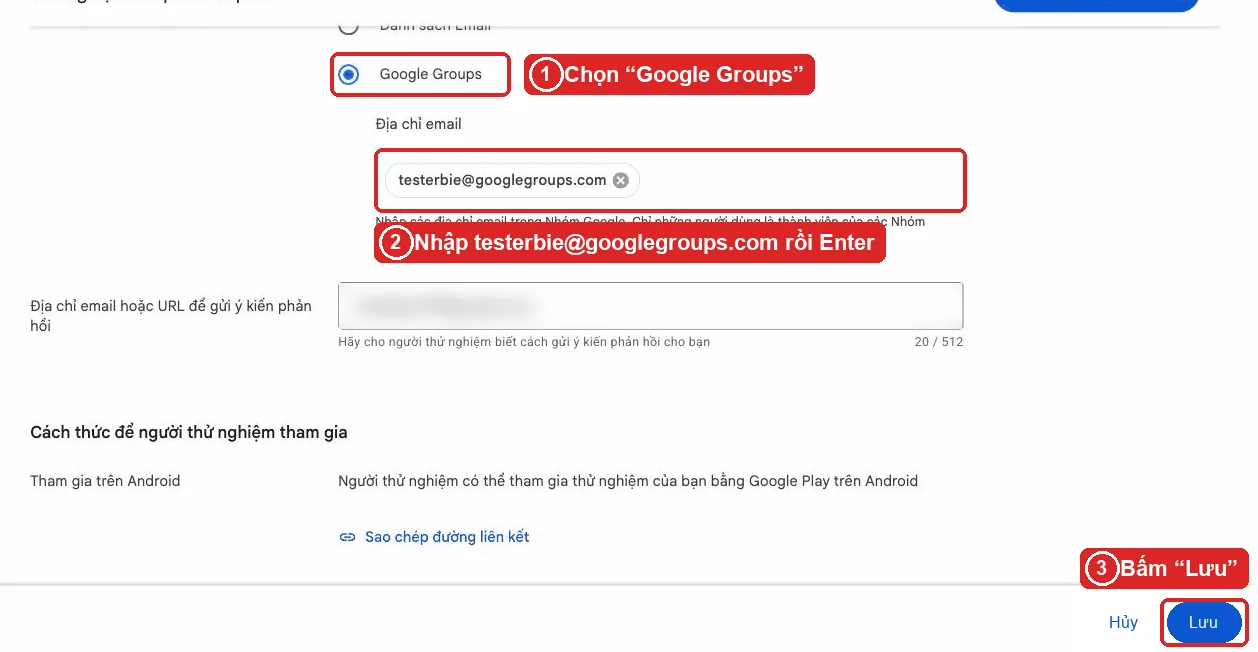 Thêm Google Group làm danh sách người thử nghiệm trong track thử nghiệm khép kín của Play Console